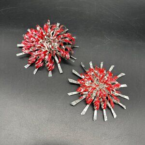 Vintage Atomic Starburst Christmas Ornaments Aluminum Handmade Set Of 2 Red